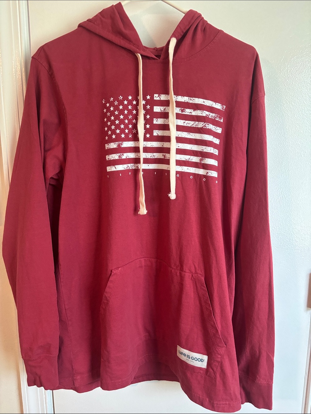 Life Is Good Men's Long Sleeve Hoodie Tee in Red with White Flag Graphic